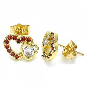 Gold Filled Stud Earrings Heart Design with Garnet and White Cubic Zirconia Polished Golden Finish