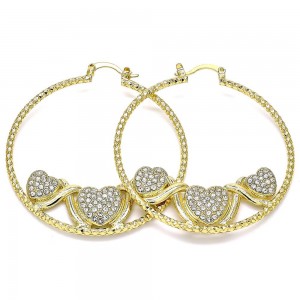Gold Filled 50mm Large Hoop Earrings Heart Design With White Crystal Diamond Cutting Finish Gold Tone