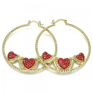 Gold Filled 50mm Large Hoop Heart Design With Garnet Crystal Diamond Cutting Finish Golden Tone
