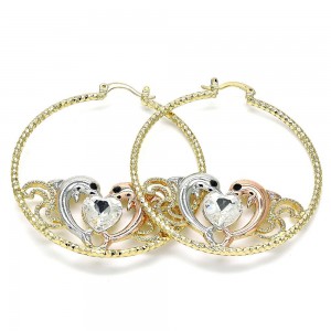 Gold Filled 50mm Large Hoop Earrings Dolphin and Heart Design With White and Black Crystal Diamond Cutting Finish Tri Tone
