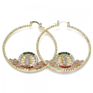 Gold Filled 50mm Large Hoop Earrings San Judas and Flower Design With White Crystal Diamond Cutting Finish Golden Tone