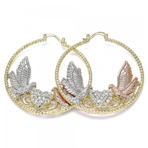 Gold Filled 50mm Large Hoop Earrings Bird and Heart Design With White Crystal Diamond Cutting Finish Tri Tone