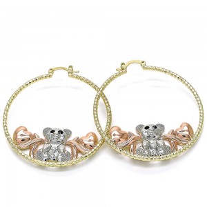 Gold Filled 50mm Large Hoop Earrings Teddy Bear and Heart Design With White and Black Crystal Diamond Cutting Finish Tri Tone
