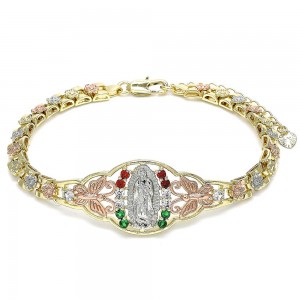 Gold Filled Fancy Bracelet Guadalupe Design With White and Multicolor Crystal Polished Finish Tri Tone