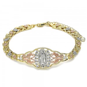 Gold Filled Fancy Bracelet Guadalupe and Flower Design Polished Finish Tri Tone