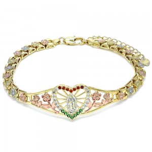 Gold Filled Fancy Bracelet Guadalupe and Flower Design Polished Finish Tri Tone