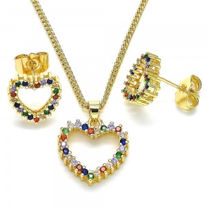 Gold Filled Earring and Pendant Set Heart Design With Multicolor Micro Pave Polished Finish Golden Tone