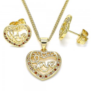 Gold Filled Earring and Pendant Set Heart and Love Design With Garnet and White Micro Pave Polished Finish Golden Tone
