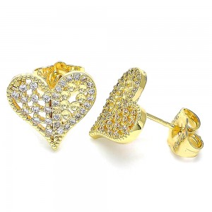 Gold Filled Heart Design Stud Earrings With White Micro Pave Polished Finish Golden Tone