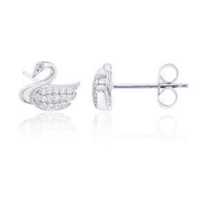 925 Sterling Silver Rhodium Round CZ Swan Stud Earring