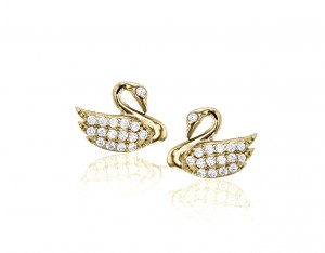 925 Sterling Silver Yellow Gold Plated Round CZ Swan Stud Earring