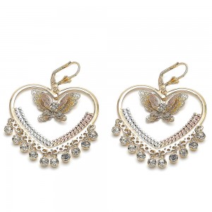 Gold Filled Long Earring Butterfly and Heart Design With White Crystal Polished Finish Tri Tone