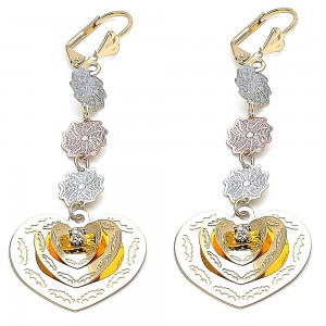 Gold Filled Long Earring Heart and Flower Design With White Crystal Polished Finish Tri Tone