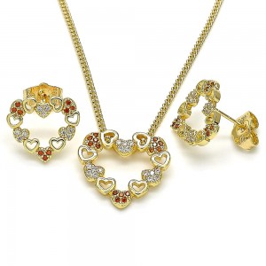 Gold Filled Earring and Pendant Set Heart Design With Garnet and White Micro Pave Polished Finish Golden Tone