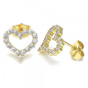 Gold Filled Heart Design Stud Earrings With White Micro Pave Polished Finish Golden Tone