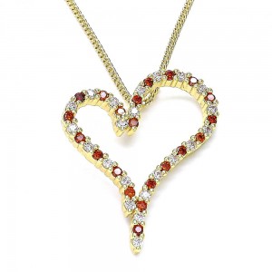Gold Filled Pendant Necklace Heart Design With Garnet and White Cubic Zirconia Polished Finish Golden Tone