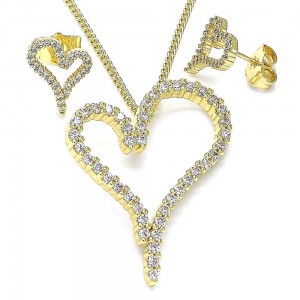 Gold Filled Earring and Pendant Adult Set Heart Design With White Cubic Zirconia Polished Finish Golden Tone