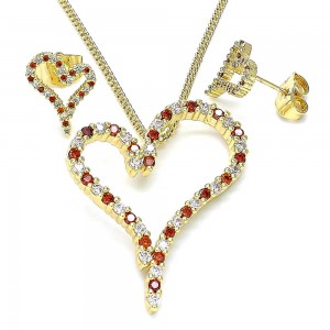Gold Filled Earring and Pendant Adult Set Heart Design With Garnet and White Cubic Zirconia Polished Finish Golden Tone