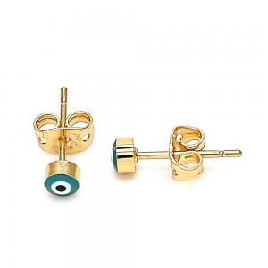 Gold Filled Stud Earrings Greek Eye Design Green Enamel Finish Golden Tone