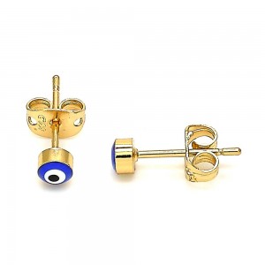 Gold Filled Greek Eye Design Stud Earring Blue Enamel Finish Golden Tone
