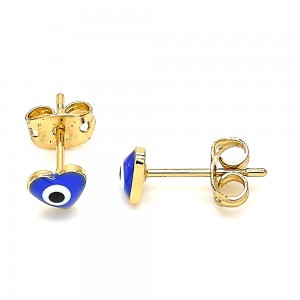 Gold Filled Greek Eye and Heart Design Stud Earring Blue Enamel Finish Golden Tone