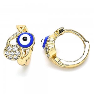 Gold Filled Huggie Hoop Earrings Greek Eye and Fish Design With White Cubic Zirconia Blue Enamel Finish Golden Tone