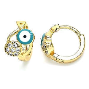Gold Filled Huggie Hoop Earrings Greek Eye and Fish Design With White Cubic Zirconia Green Enamel Finish Golden Tone
