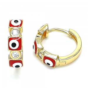 Gold Filled Huggie Hoop Earrings Greek Eye Design With White Cubic Zirconia Red Enamel Finish Golden Tone