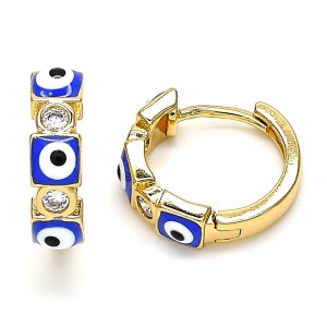 Gold Filled Huggie Hoop Earrings Greek Eye Design With White Cubic Zirconia Blue Enamel Finish Golden Tone