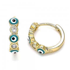 Gold Filled Huggie Hoop Earrings Greek Eye Design With White Cubic Zirconia Blue Enamel Finish Golden Tone