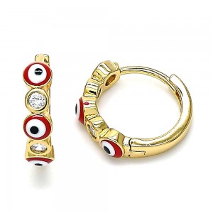 Gold Filled Huggie Hoop Earrings Greek Eye Design With White Cubic Zirconia Red Enamel Finish Golden Tone