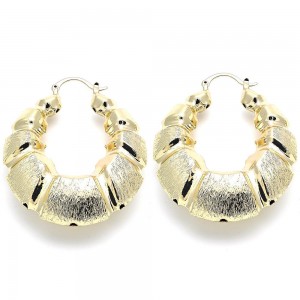 Gold Filled 45mm Large Hoop Earrings Bamboo and Hollow Design Brushed Finish Golden Tone