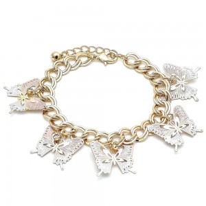 Gold Filled Charm Bracelet Butterfly Design With White Crystal Polished Finish Tri Tone