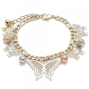 Gold Filled Charm Bracelet Butterfly and Ball Design Matte Finish Tri Tone