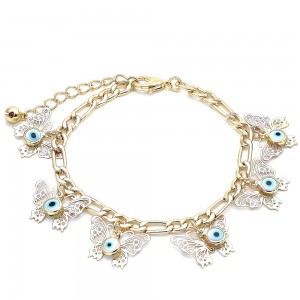 Gold Filled Charm Bracelet Greek Eye and Butterfly Design Polished Finish Tri Tone
