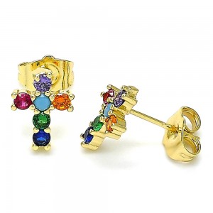 Gold Filled Stud Earring Cross Design With Multicolor Cubic Zirconia Polished Finish Golden Tone