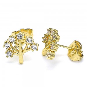 Gold Filled Stud Earring Tree Design With White Cubic Zirconia Polished Finish Golden Tone