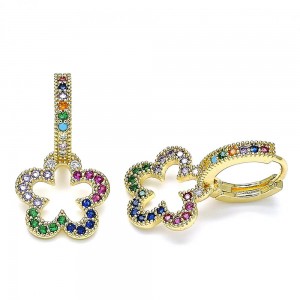 Gold Filled Huggie Hoop Flower Design With Multicolor Micro Pave Polished Finish Golden Tone
