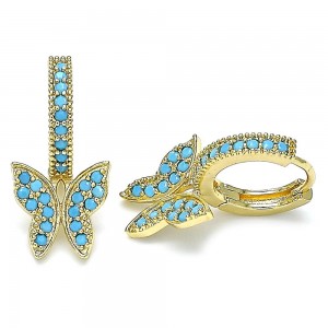 Gold Filled Huggie Hoop Butterfly Design With Turquoise Micro Pave Polished Finish Golden Tone