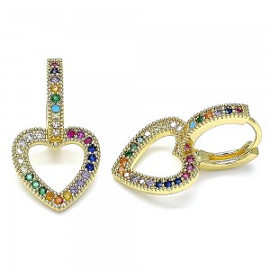 Gold Filled Huggie Hoop Heart Design With Multicolor Micro Pave Polished Finish Golden Tone