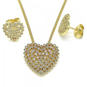Gold Filled Earring and Pendant Set Heart Design With White Micro Pave Polished Finish Golden Tone