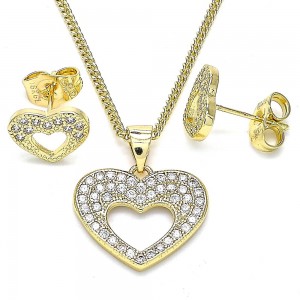 Gold Filled Earring and Pendant Adult Set Heart Design With White Micro Pave Polished Finish Golden Tone