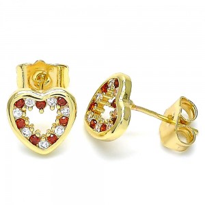 Gold Filled Heart Design Stud Earrings With Garnet and White Cubic Zirconia Polished Finish Golden Tone
