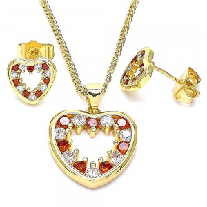 Gold Filled Earring and Pendant Set Heart Design With Garnet and White Cubic Zirconia Polished Finish Golden Tone