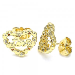 Gold Filled Stud Earring Heart and Love Design With Garnet and White Micro Pave Polished Finish Golden Tone