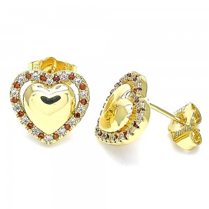 Gold Filled Stud Earring Heart Design With Garnet and White Micro Pave Polished Finish Golden Tone