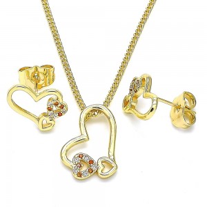 Gold Filled Earring and Pendant Set Heart Design With Garnet and White Micro Pave Polished Finish Golden Tone