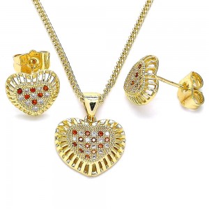 Gold Filled Earring and Pendant Adult Set Heart Design With Garnet and White Micro Pave Polished Finish Golden Tone