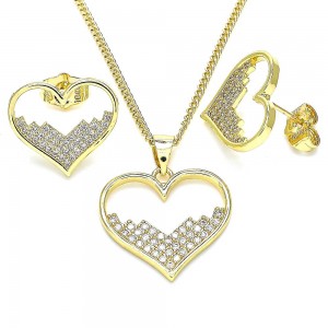 Gold Filled Earring and Pendant Set Heart Design With White Micro Pave Polished Finish Golden Tone
