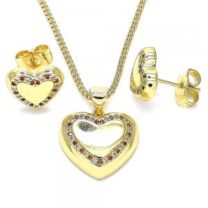 Gold Filled Earring and Pendant Set Heart Design With Garnet and White Micro Pave Polished Finish Golden Tone